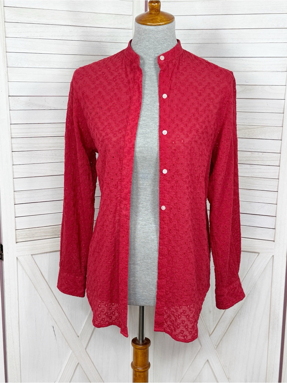 Lauren Ralph Lauren Eyelet Button Up Tunic Shirt Red Small Cottage Preppy Cotton